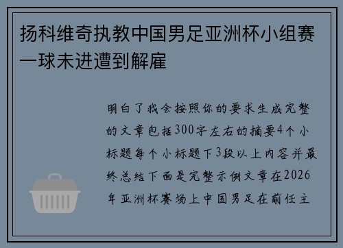 扬科维奇执教中国男足亚洲杯小组赛一球未进遭到解雇