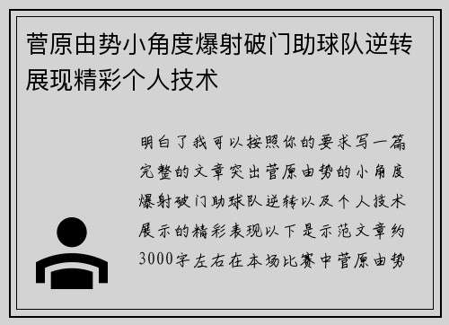 菅原由势小角度爆射破门助球队逆转展现精彩个人技术 菅原由势小角度爆射破门助球队逆转展现精彩个人技术